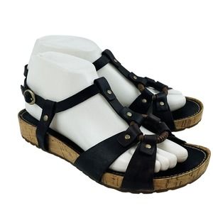 Womens 8M Timberland Cork Wedge Sandals Brown Leather Studded Ankle Strap Buckle